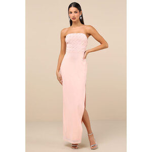 Lulus Stunning Concept Light Pink Mesh Rhinestone Strapless Maxi Dress - Size L